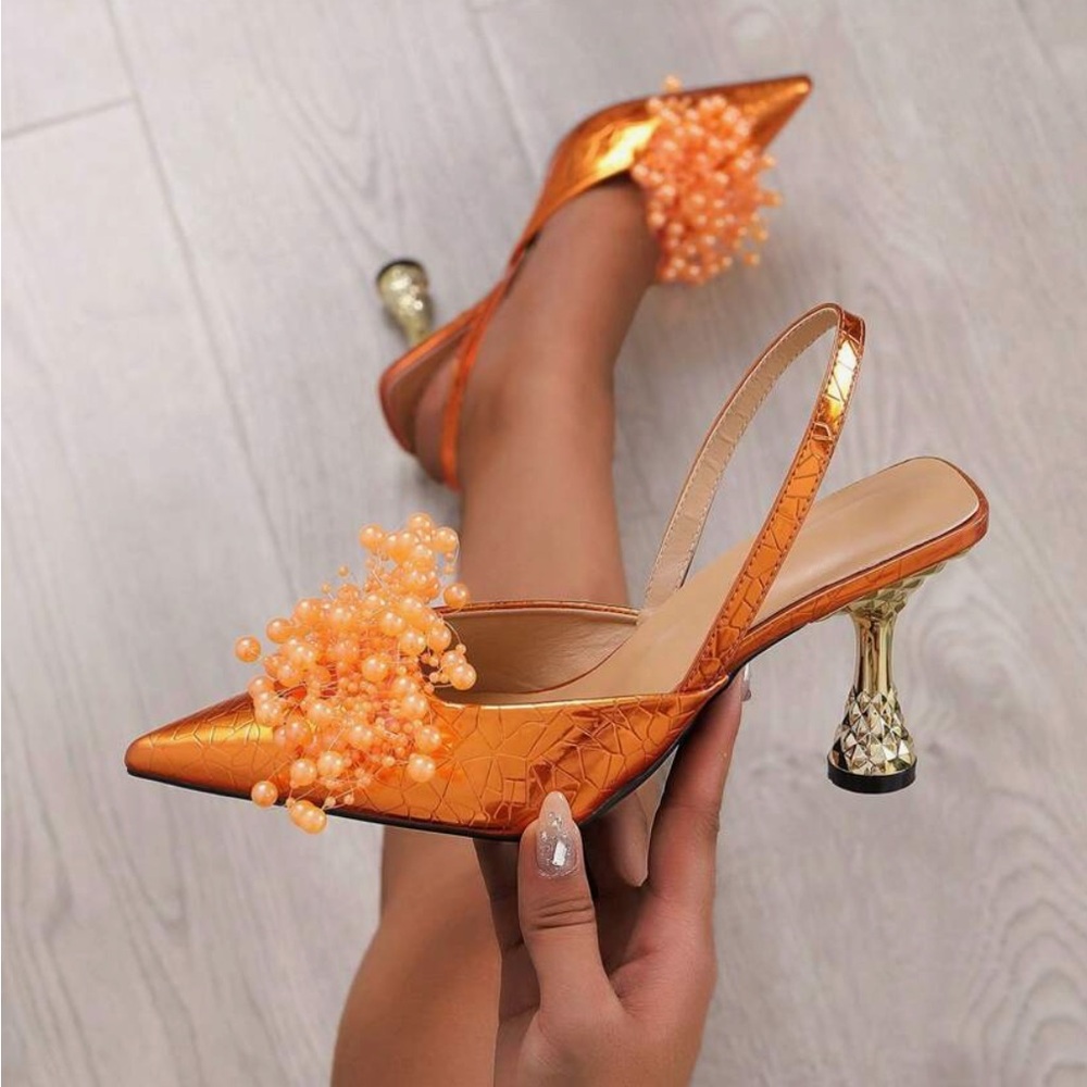 Beautiful orange/peach chrome shoes with pearls
